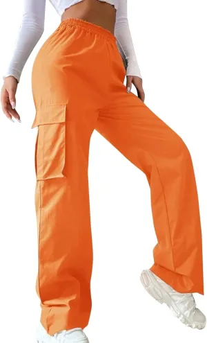 Womens Casual Cargo Pants Plus Size Elastic High Waisted Straight Wide Leg Pants Y2k Loose Solid Lounge Trousers