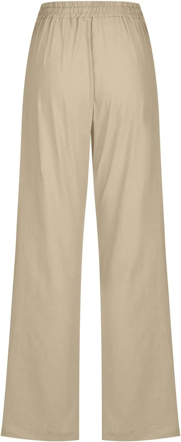 Womens Casual Comfy Linen Pants Solid Elastic Loose Cotton Pants Straight Wide Leg Trousers Summer Lightweight Pants