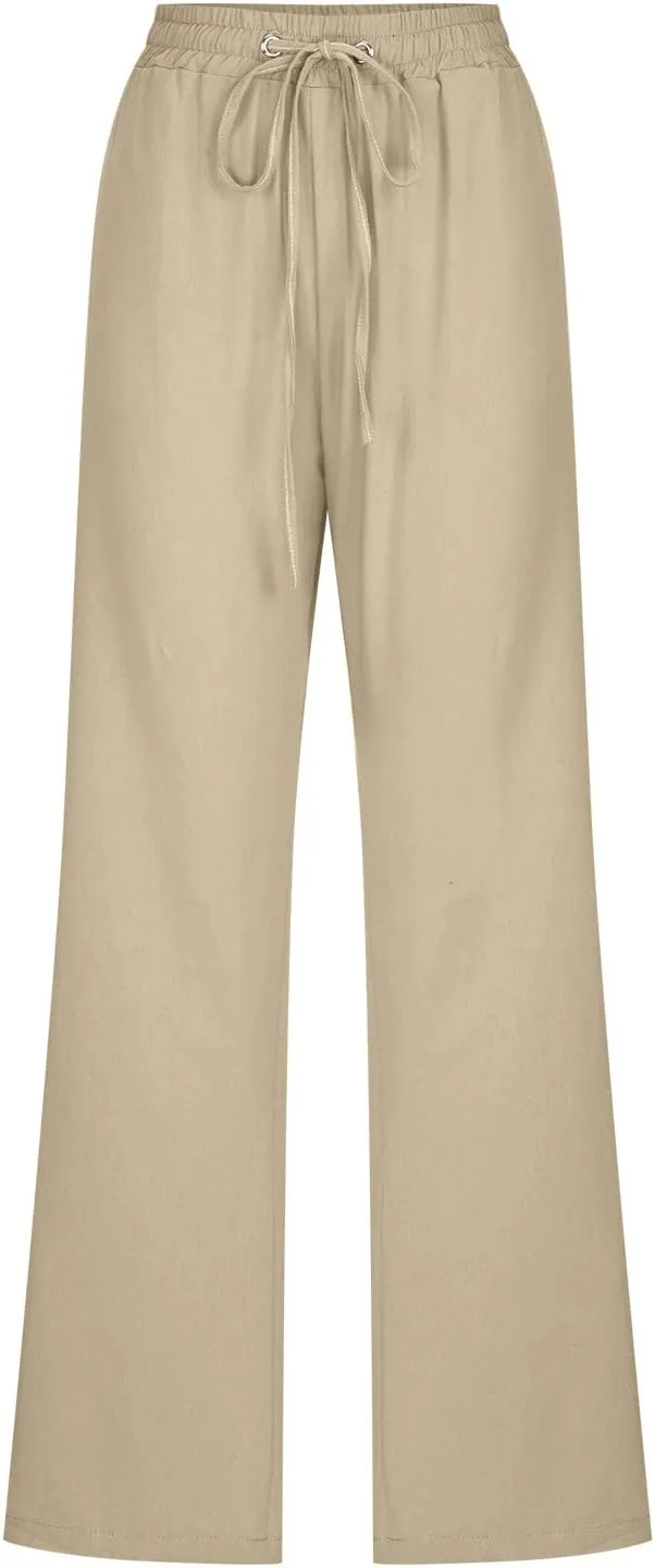 Womens Casual Comfy Linen Pants Solid Elastic Loose Cotton Pants Straight Wide Leg Trousers Summer Lightweight Pants