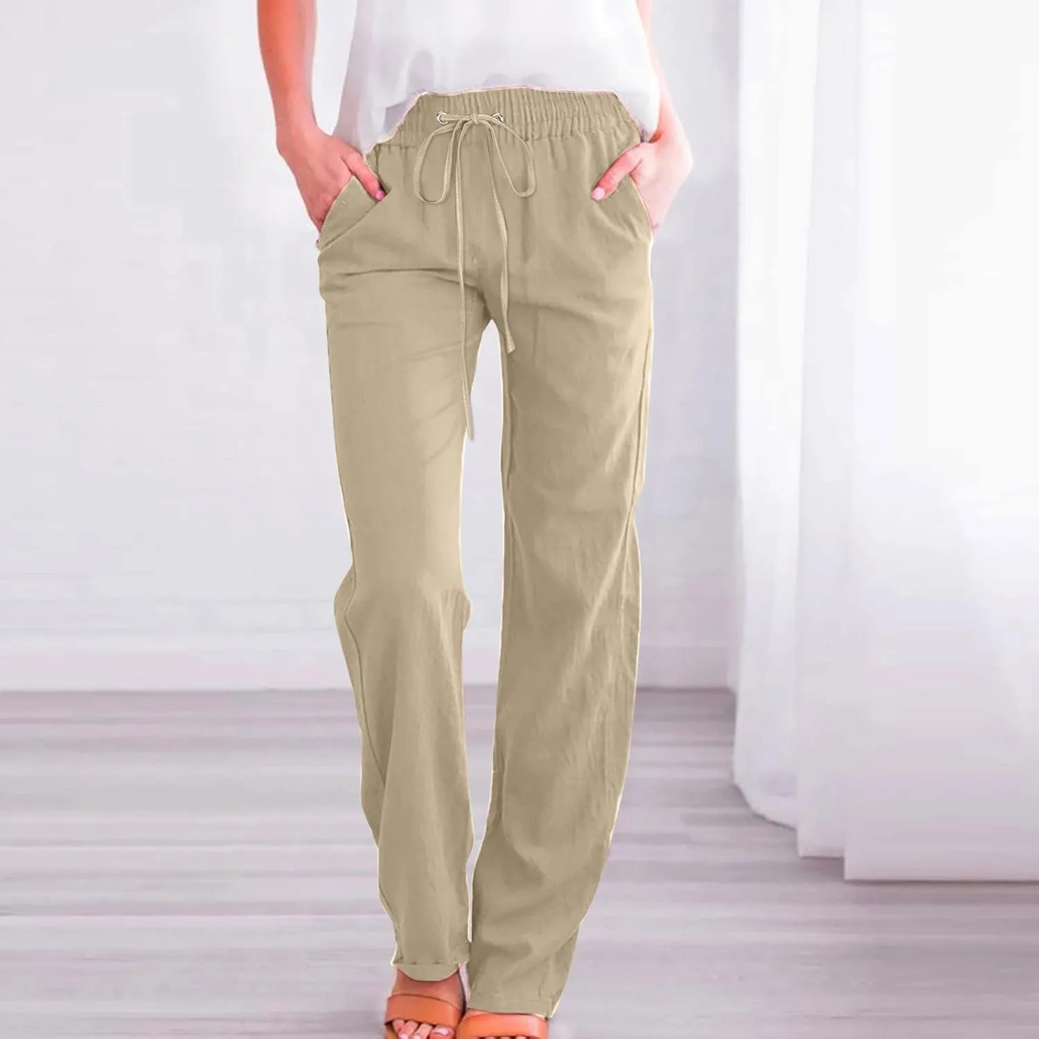 Womens Casual Comfy Linen Pants Solid Elastic Loose Cotton Pants Straight Wide Leg Trousers Summer Lightweight Pants