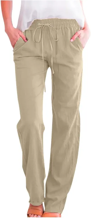 Womens Casual Comfy Linen Pants Solid Elastic Loose Cotton Pants Straight Wide Leg Trousers Summer Lightweight Pants