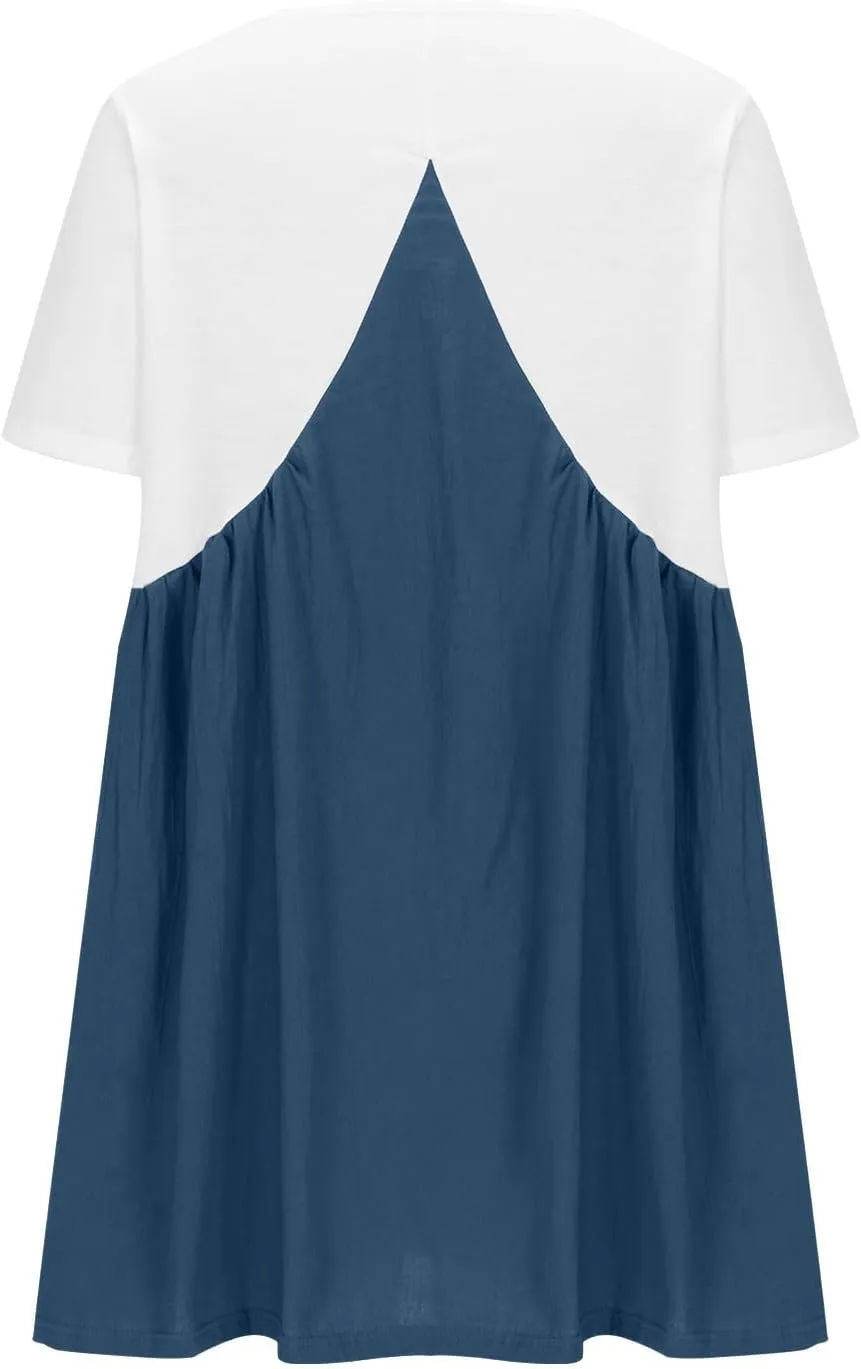 Women's Casual Dresses Color Block V Neck Short Sleeve Swing Dress Flowy Summer Vacation Beach A-Line Mini Sundress