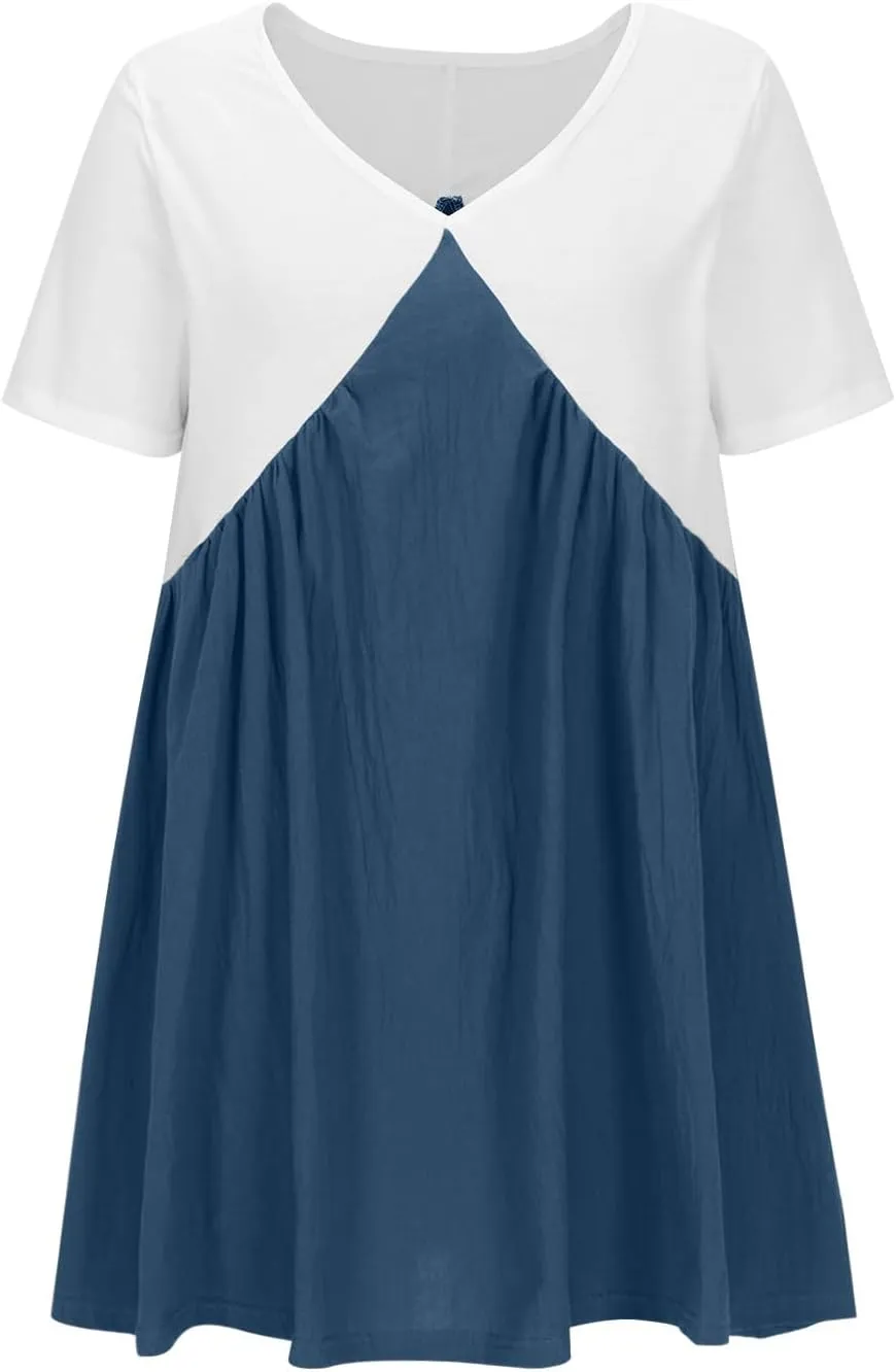 Women's Casual Dresses Color Block V Neck Short Sleeve Swing Dress Flowy Summer Vacation Beach A-Line Mini Sundress