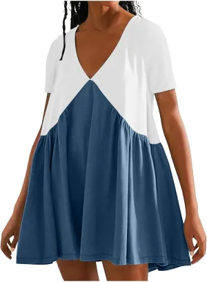 Women's Casual Dresses Color Block V Neck Short Sleeve Swing Dress Flowy Summer Vacation Beach A-Line Mini Sundress