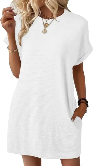 Womens Casual Dresses Trendy Fold Short Sleeve Round Neck Mini Dress Textured Summer Beach Vacation Dress with Pockets