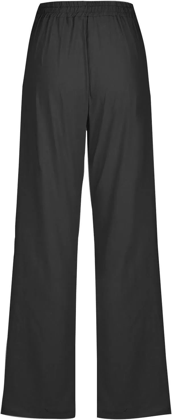 Womens Casual Linen High Waist Pants Plus Size Drawstring Summer Beach Pants Loose Lightweight Trousers with Pockets