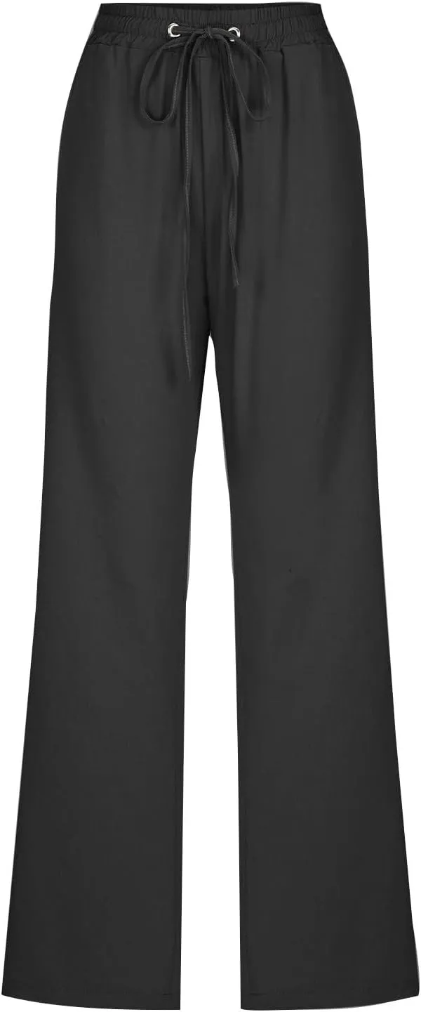 Womens Casual Linen High Waist Pants Plus Size Drawstring Summer Beach Pants Loose Lightweight Trousers with Pockets