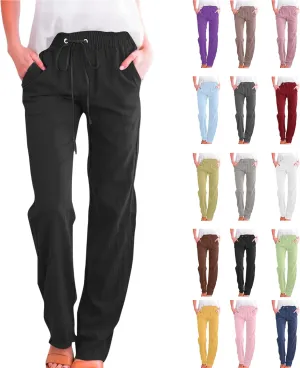 Womens Casual Linen High Waist Pants Plus Size Drawstring Summer Beach Pants Loose Lightweight Trousers with Pockets