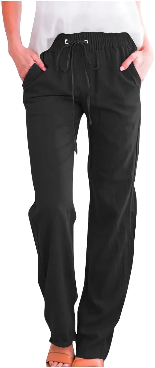 Womens Casual Linen High Waist Pants Plus Size Drawstring Summer Beach Pants Loose Lightweight Trousers with Pockets