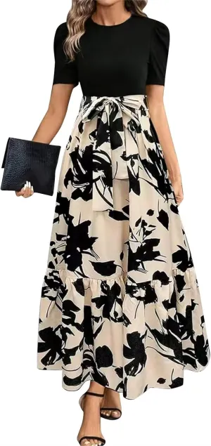 Women's Casual Long Flowy Dresses Ruffle Short Sleeve Floral Printed Dresses with Pockets Summer 2025 Maxi Dress
