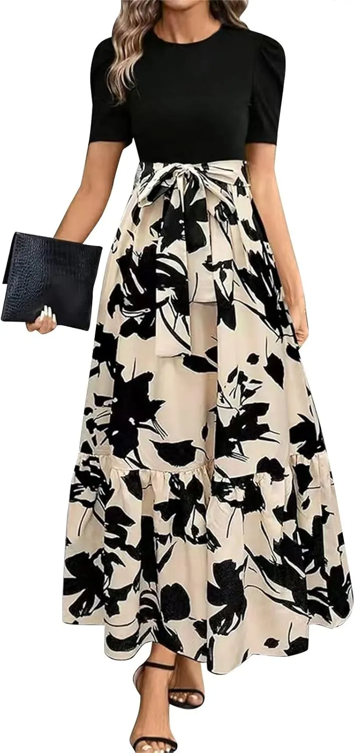 Women's Casual Long Flowy Dresses Ruffle Short Sleeve Floral Printed Dresses with Pockets Summer 2025 Maxi Dress