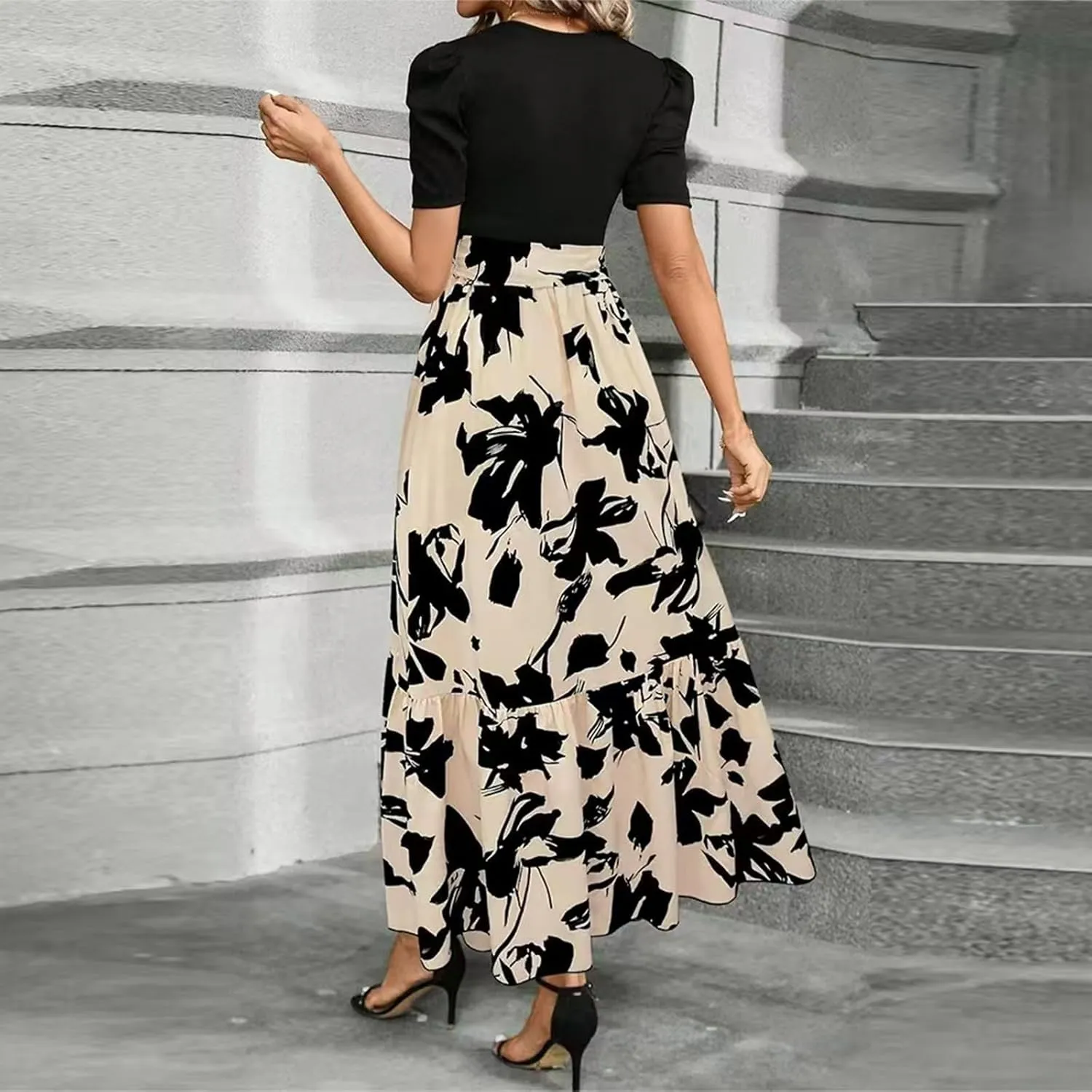 Women's Casual Long Flowy Dresses Ruffle Short Sleeve Floral Printed Dresses with Pockets Summer 2025 Maxi Dress