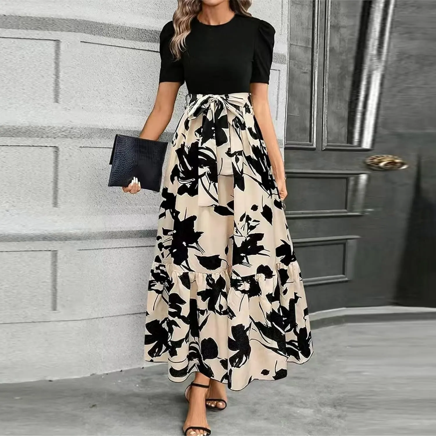 Women's Casual Long Flowy Dresses Ruffle Short Sleeve Floral Printed Dresses with Pockets Summer 2025 Maxi Dress