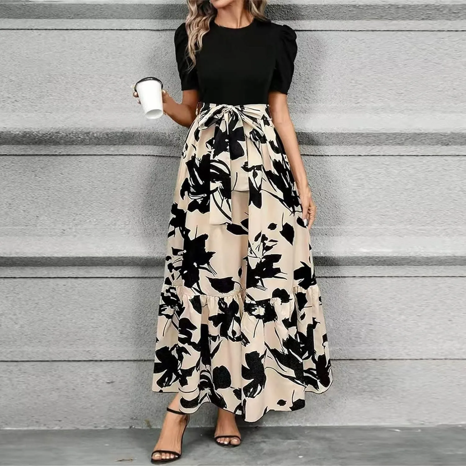 Women's Casual Long Flowy Dresses Ruffle Short Sleeve Floral Printed Dresses with Pockets Summer 2025 Maxi Dress
