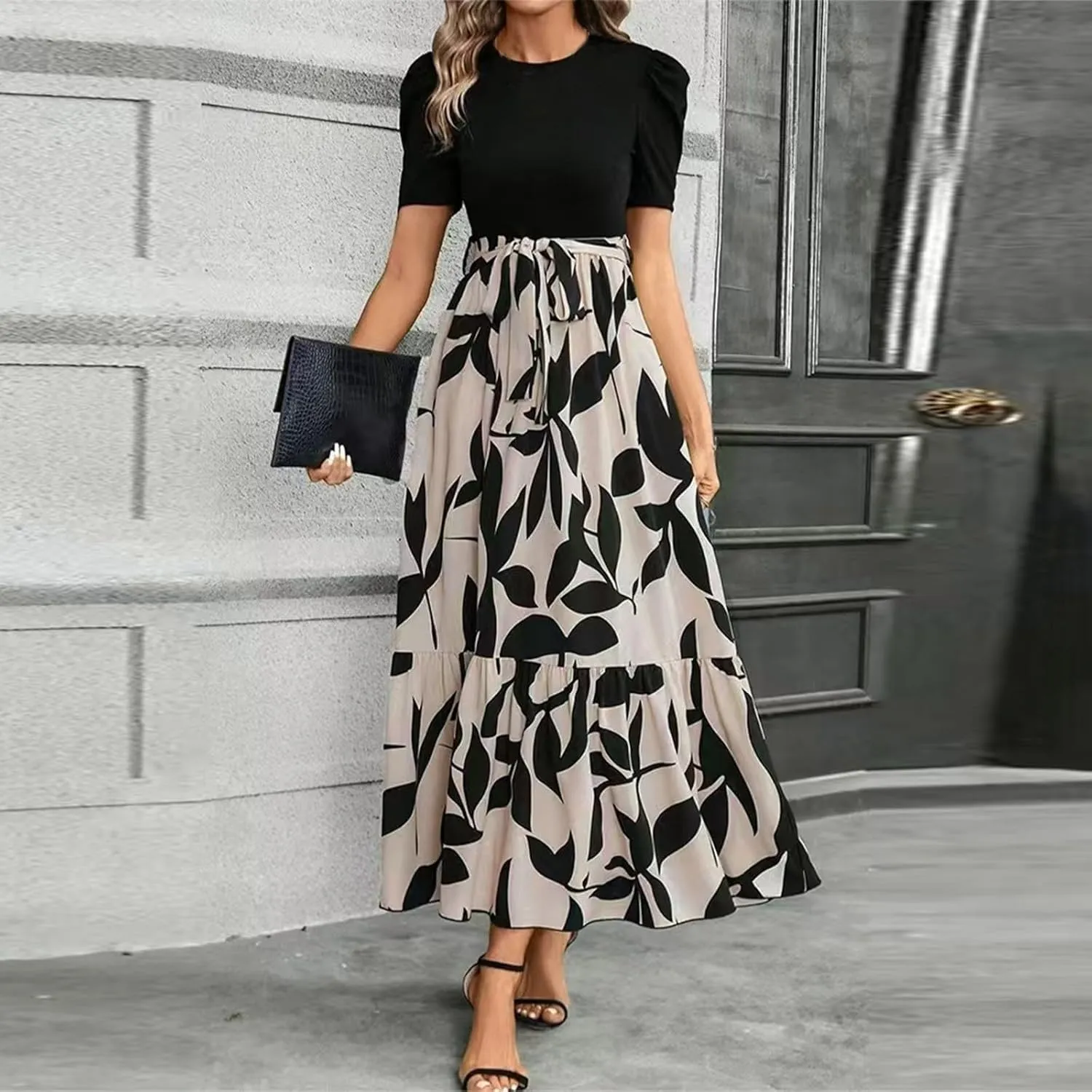 Women's Casual Long Flowy Dresses Ruffle Short Sleeve Floral Printed Dresses with Pockets Summer 2025 Maxi Dress