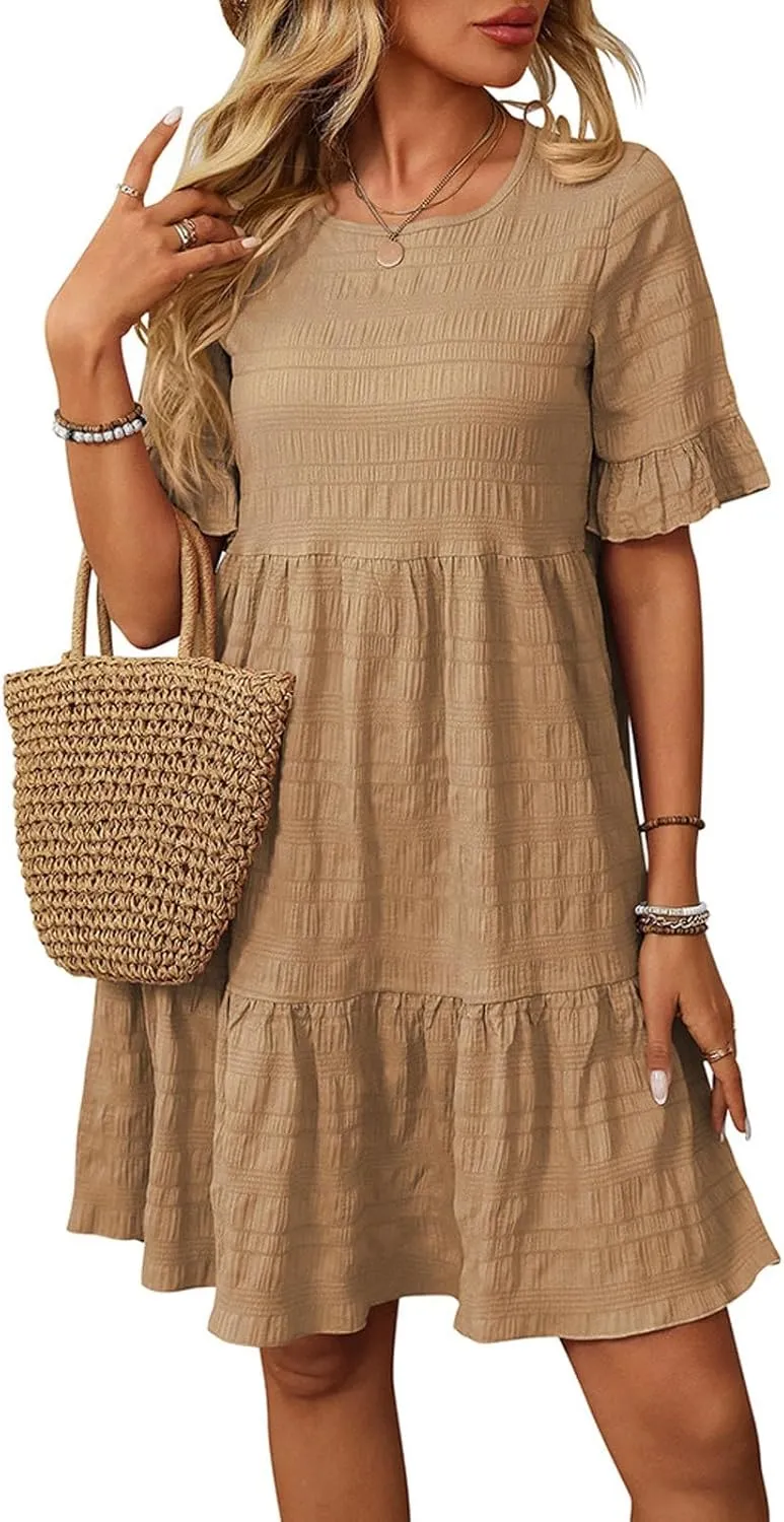 Women's Casual Mini Dresses Ruffle Short Sleeve Round Neck Splicing Summer Dress Beach A-Line Swing Sundresses