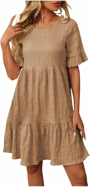 Women's Casual Mini Dresses Ruffle Short Sleeve Round Neck Splicing Summer Dress Beach A-Line Swing Sundresses
