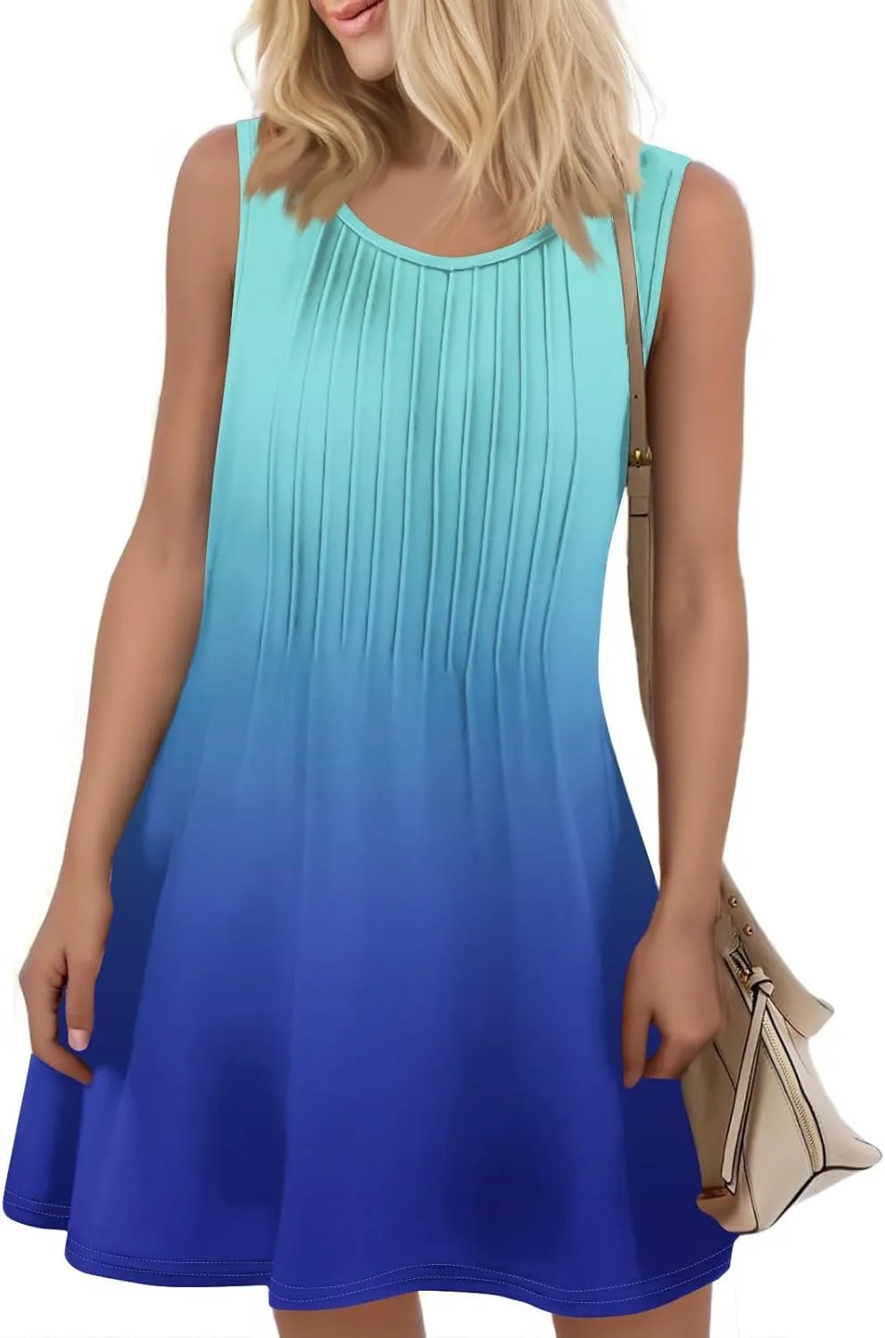 Womens Casual Sleeveless Dressy Dresses Sexy Pleated Evening Wear Swing Party A-Line Slim Solid Color Clubwear Dress