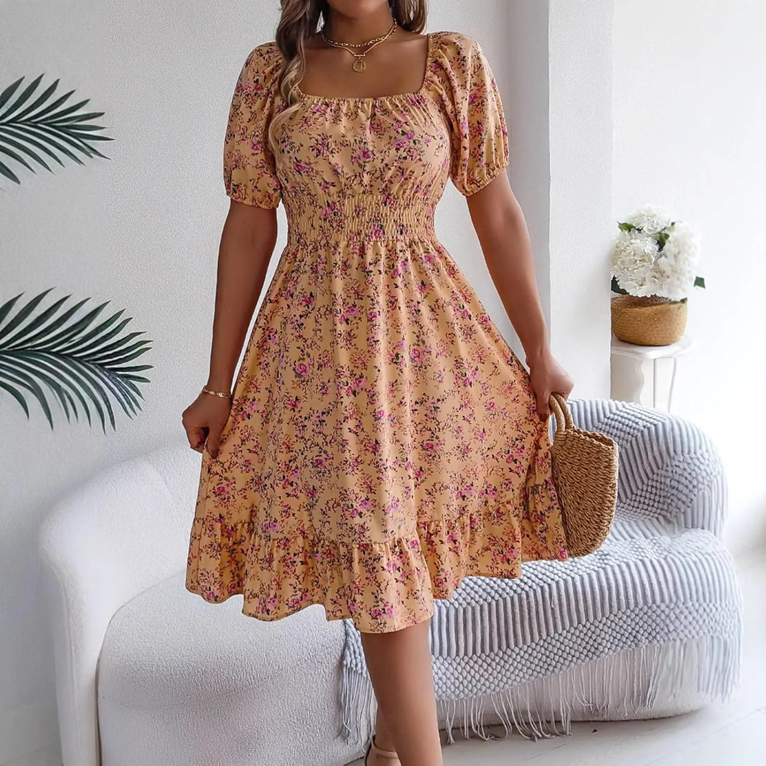 Womens Casual Summer Dresses Short Sleeve Square Neck Smocked Boho Floral Sundress Flowy A-Line Mini Dress