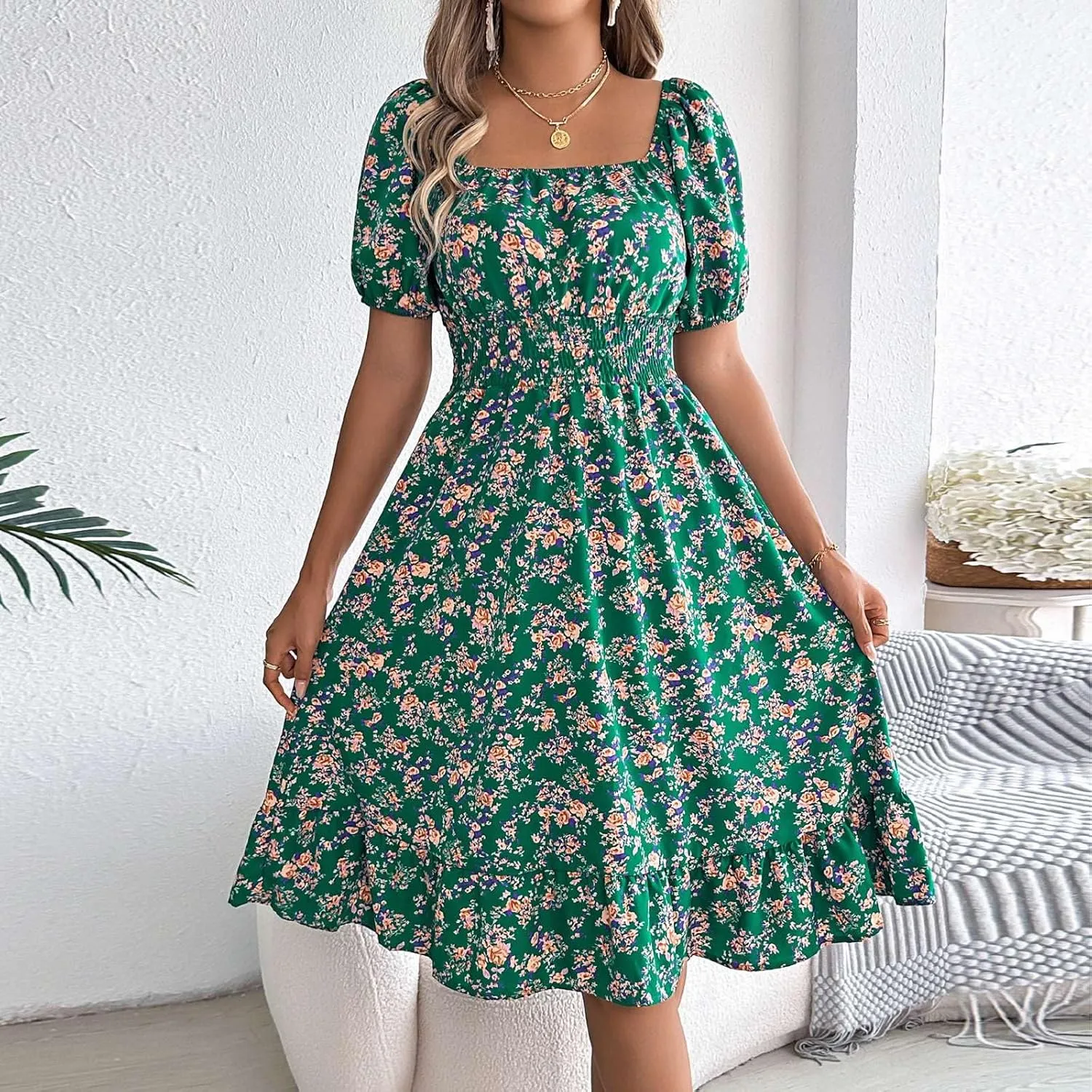 Womens Casual Summer Dresses Short Sleeve Square Neck Smocked Boho Floral Sundress Flowy A-Line Mini Dress