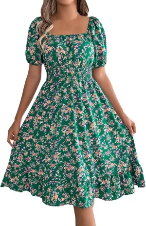 Womens Casual Summer Dresses Short Sleeve Square Neck Smocked Boho Floral Sundress Flowy A-Line Mini Dress