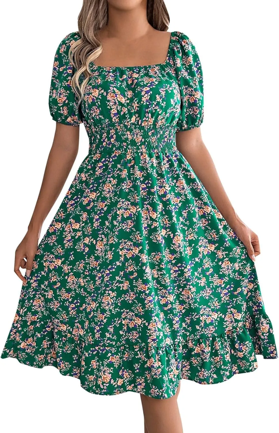 Womens Casual Summer Dresses Short Sleeve Square Neck Smocked Boho Floral Sundress Flowy A-Line Mini Dress
