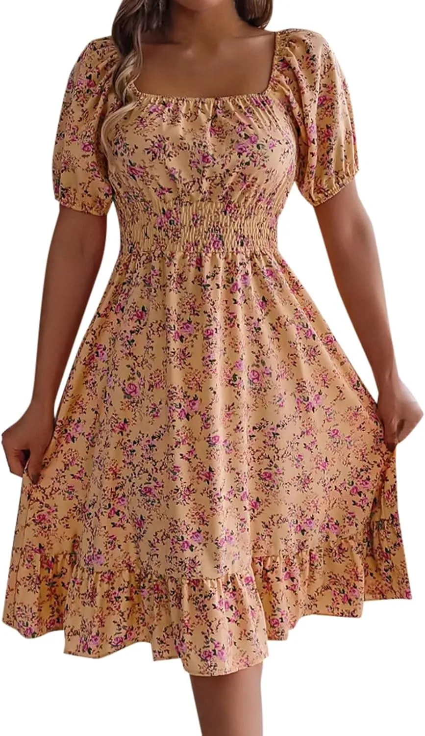 Womens Casual Summer Dresses Short Sleeve Square Neck Smocked Boho Floral Sundress Flowy A-Line Mini Dress