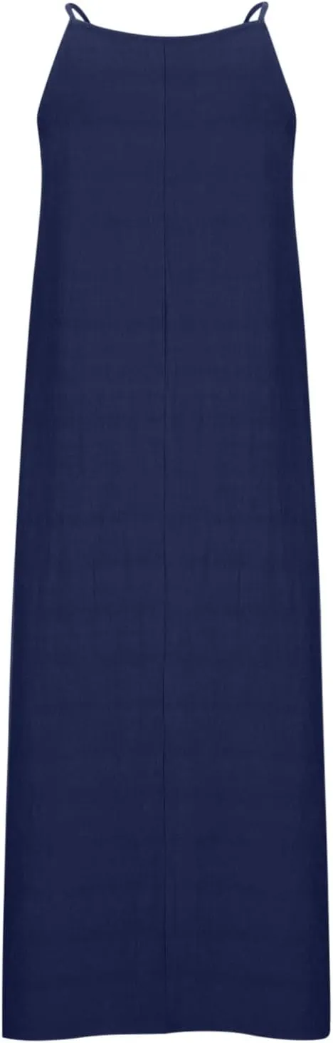 Womens Cotton Linen Dresses Sleeveless Maxi Dress Spaghetti Strap Slit Summer Casual Loose Flowy Beach Long Sundress