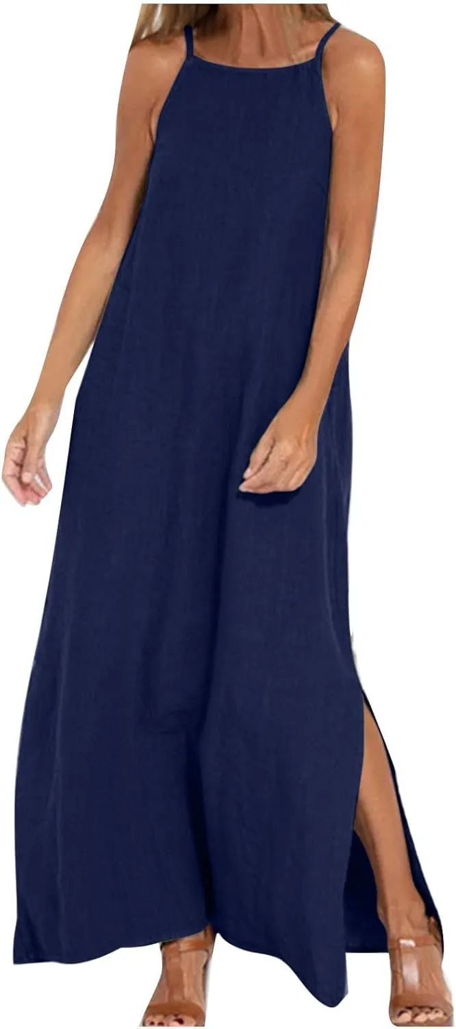 Womens Cotton Linen Dresses Sleeveless Maxi Dress Spaghetti Strap Slit Summer Casual Loose Flowy Beach Long Sundress