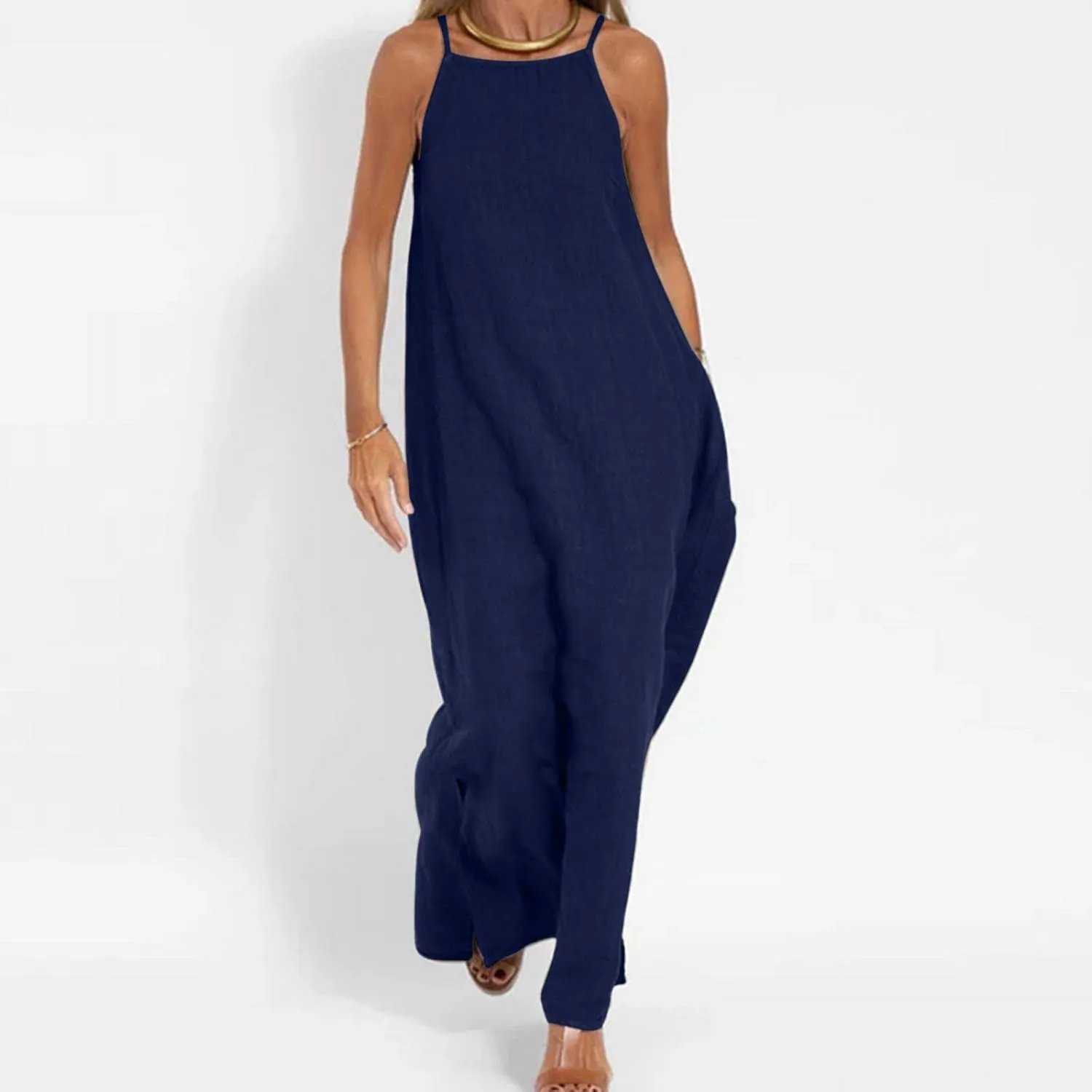 Womens Cotton Linen Dresses Sleeveless Maxi Dress Spaghetti Strap Slit Summer Casual Loose Flowy Beach Long Sundress