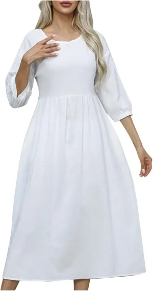 Women's Cotton Linen Midi Casual Dresses Loose Solid A-line Flowy Summer Beach Vacation Dress with Pockets