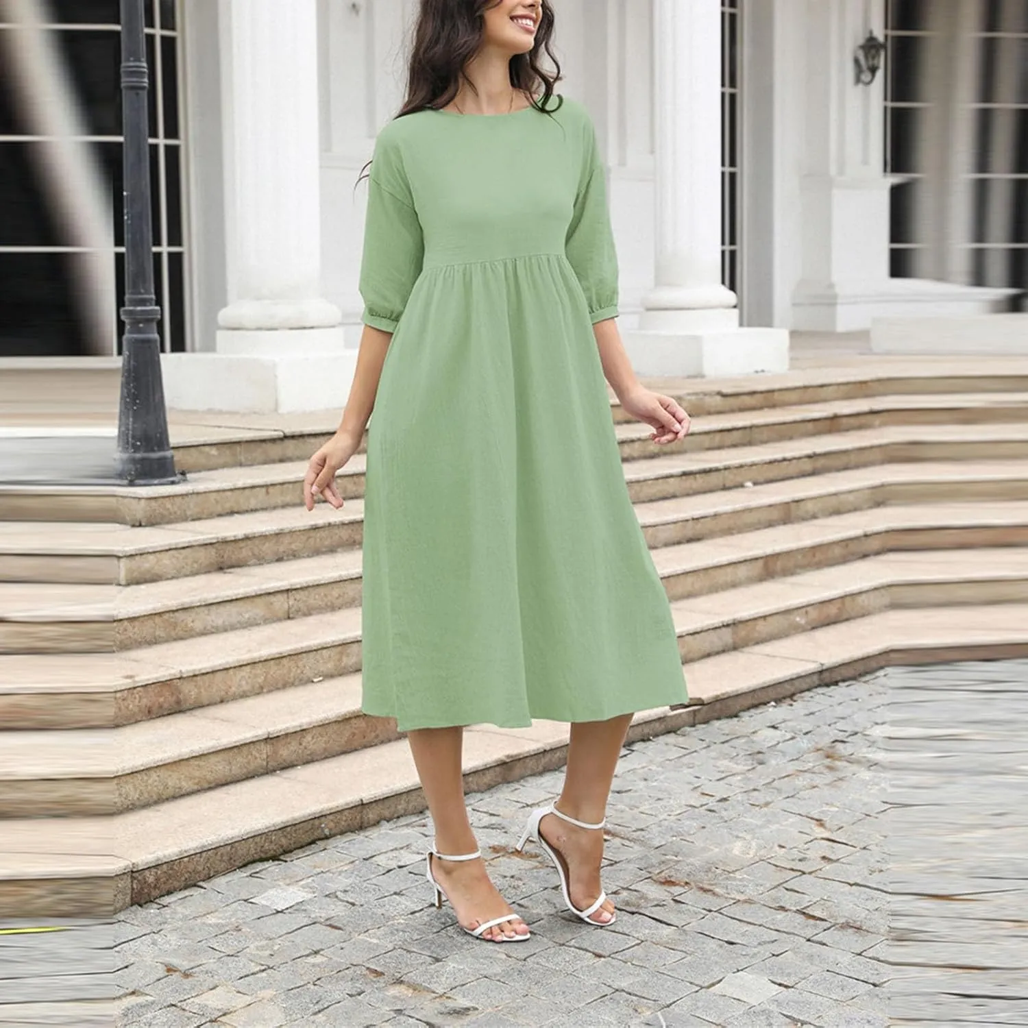 Women's Cotton Linen Midi Casual Dresses Loose Solid A-line Flowy Summer Beach Vacation Dress with Pockets