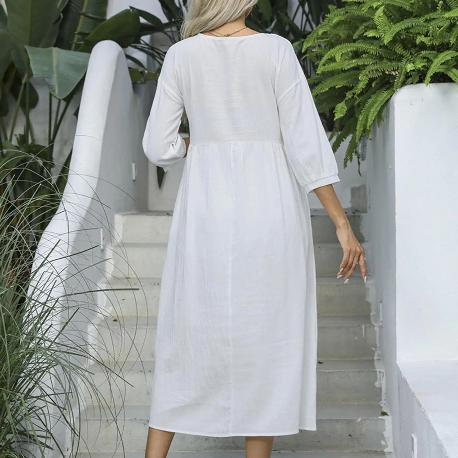 Women's Cotton Linen Midi Casual Dresses Loose Solid A-line Flowy Summer Beach Vacation Dress with Pockets