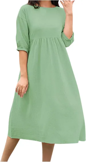Women's Cotton Linen Midi Casual Dresses Loose Solid A-line Flowy Summer Beach Vacation Dress with Pockets