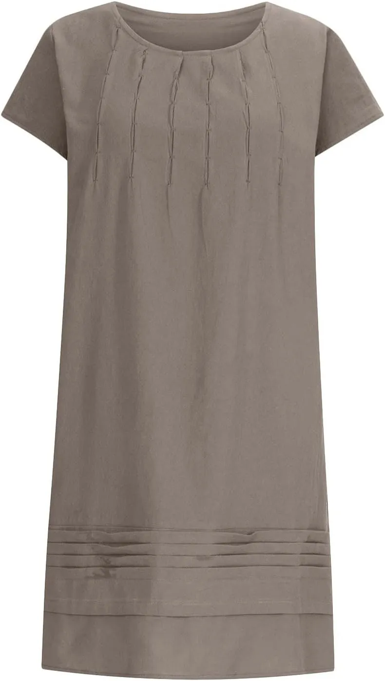 Women's Cotton Linen Midi Dress Plus Size Cap Sleeve Pleated Summer Dresses 2025 Trendy Crew Neck Casual Dress