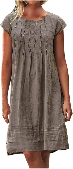 Women's Cotton Linen Midi Dress Plus Size Cap Sleeve Pleated Summer Dresses 2025 Trendy Crew Neck Casual Dress