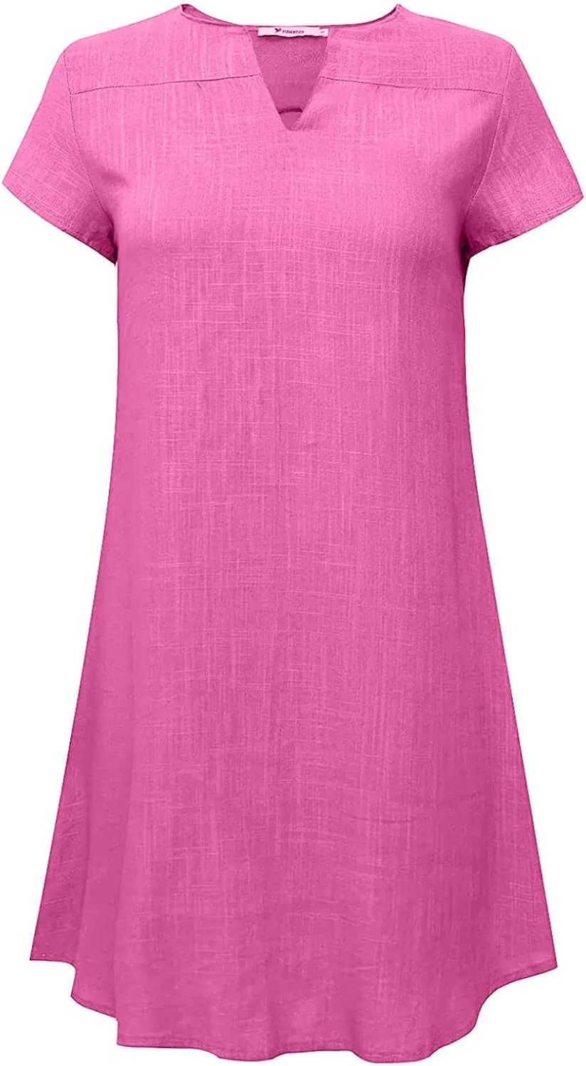 Women's Cotton Linen Midi Dress V Neck Short Sleeve Causal Loose Tshirt Dresses Summer Split 2025 Plus Size Dress