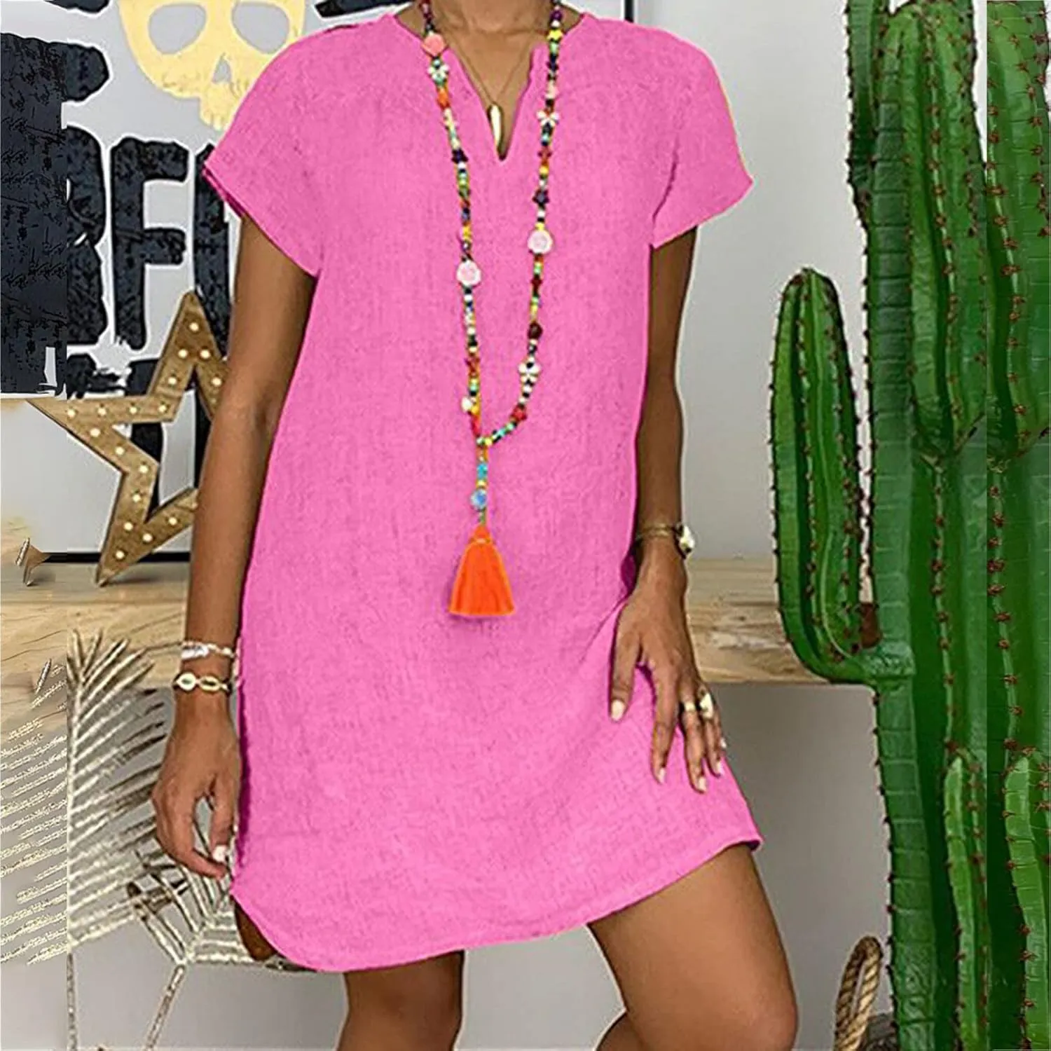 Women's Cotton Linen Midi Dress V Neck Short Sleeve Causal Loose Tshirt Dresses Summer Split 2025 Plus Size Dress