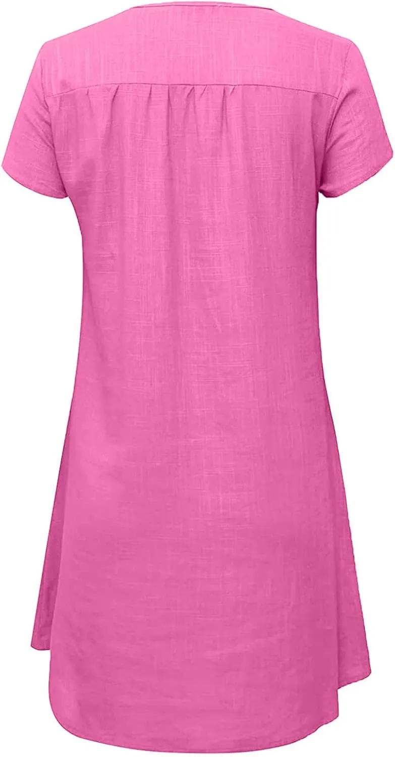 Women's Cotton Linen Midi Dress V Neck Short Sleeve Causal Loose Tshirt Dresses Summer Split 2025 Plus Size Dress