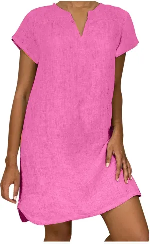 Women's Cotton Linen Midi Dress V Neck Short Sleeve Causal Loose Tshirt Dresses Summer Split 2025 Plus Size Dress
