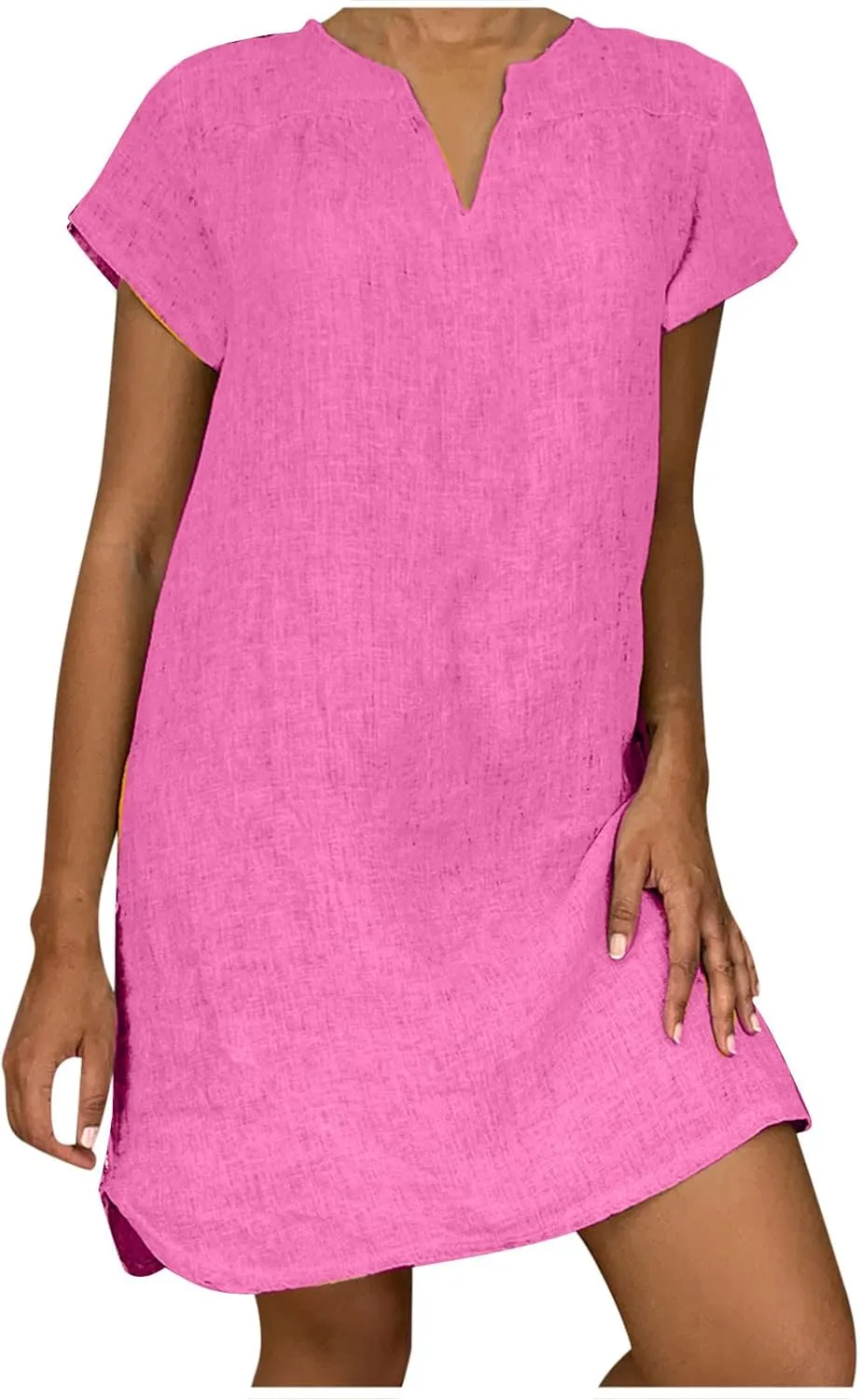 Women's Cotton Linen Midi Dress V Neck Short Sleeve Causal Loose Tshirt Dresses Summer Split 2025 Plus Size Dress