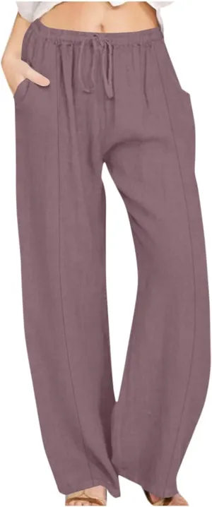 Women's Cotton Linen Pants Drawstring Waist Wide Leg Lounge Palazzo Pants 2025 Summer Casual Loose Yoga Trousers
