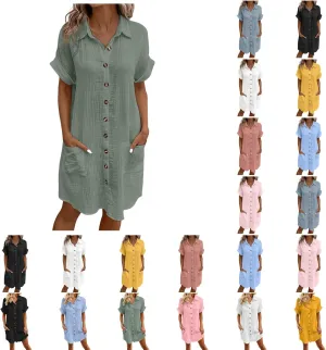 Womens Cotton Linen Shirt Dresses 2025 Summer Short Sleeve Button Down Tshirt Dress Vacation Beach Midi Dress Pockets