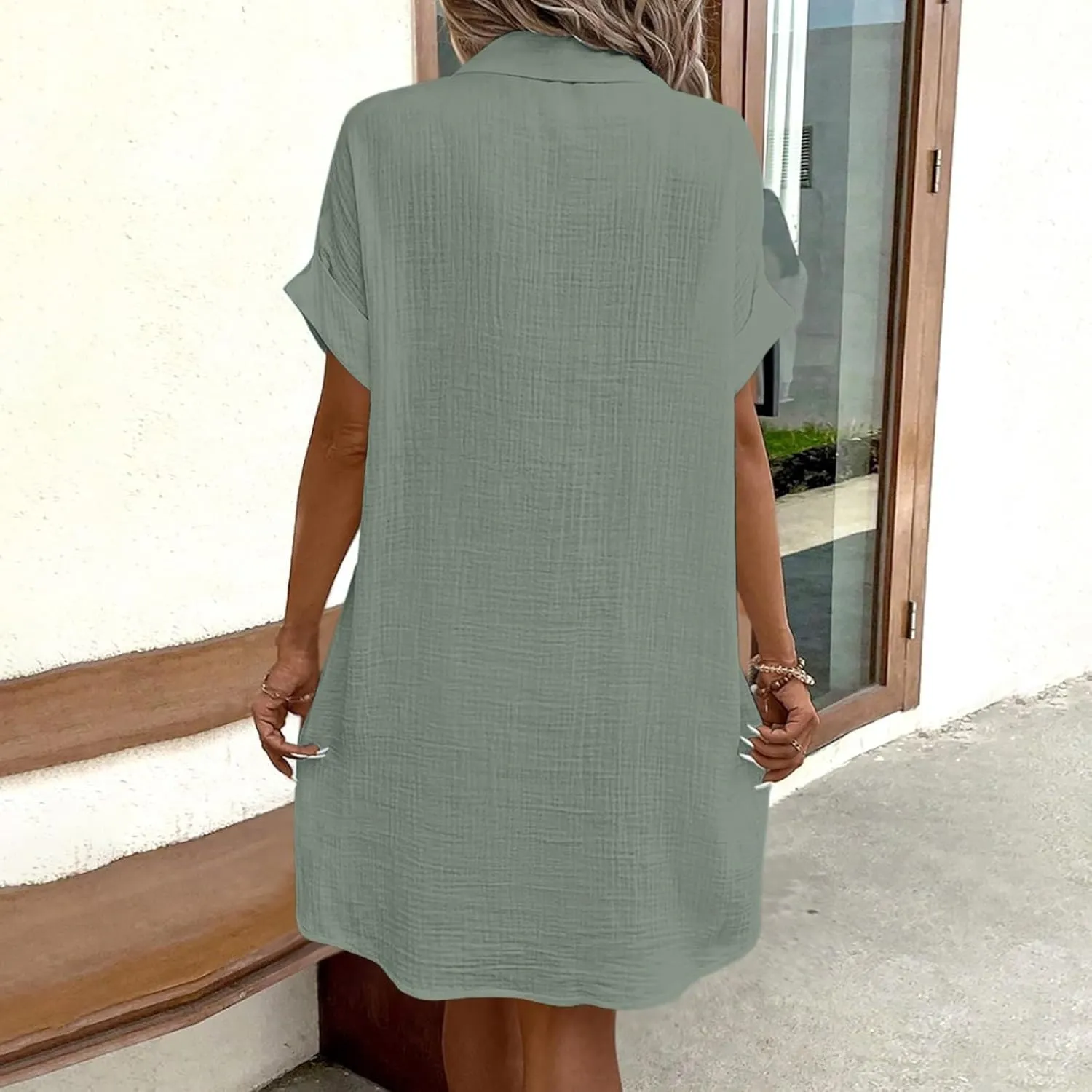 Womens Cotton Linen Shirt Dresses 2025 Summer Short Sleeve Button Down Tshirt Dress Vacation Beach Midi Dress Pockets