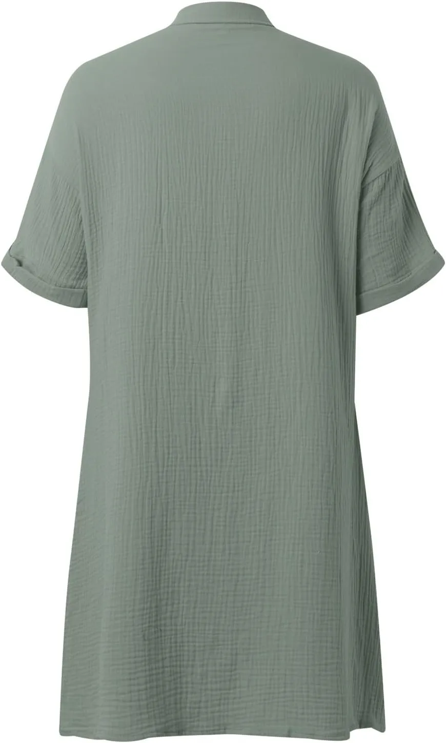 Womens Cotton Linen Shirt Dresses 2025 Summer Short Sleeve Button Down Tshirt Dress Vacation Beach Midi Dress Pockets