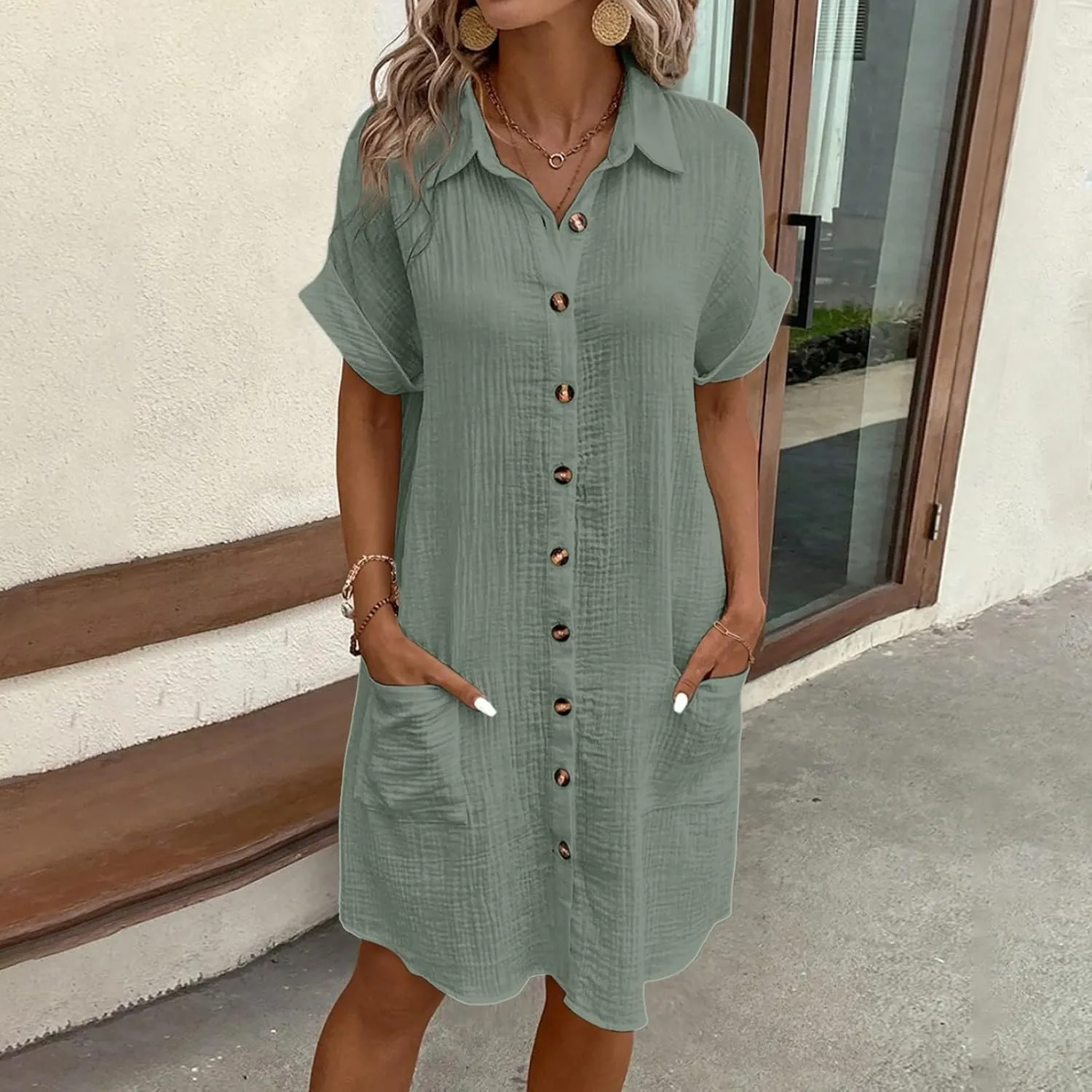 Womens Cotton Linen Shirt Dresses 2025 Summer Short Sleeve Button Down Tshirt Dress Vacation Beach Midi Dress Pockets