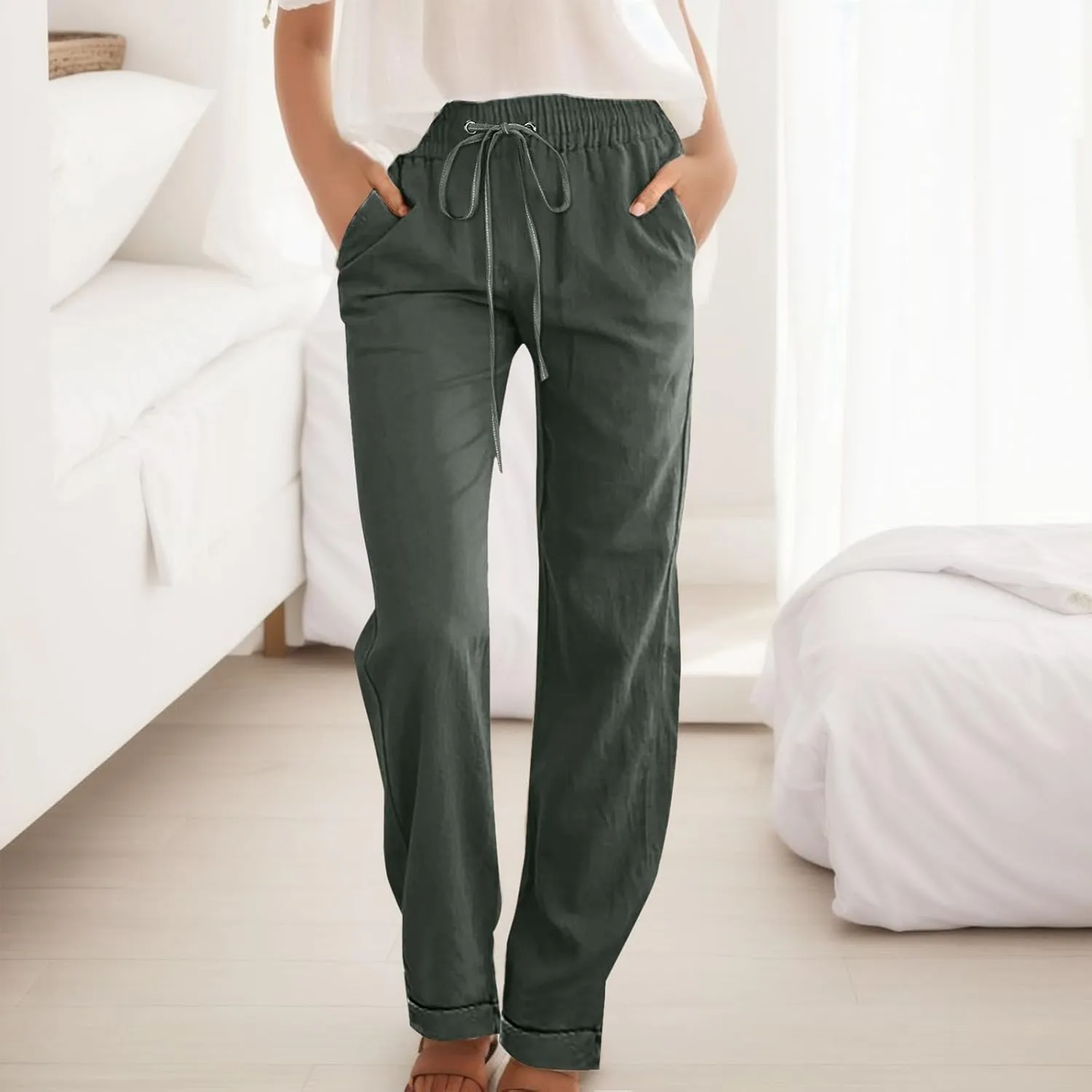 Womens Cotton Linen Summer Split Flowy Pants Elastic Waisted Long Lounge Plus Size Palazzo Lounge Pants Travel