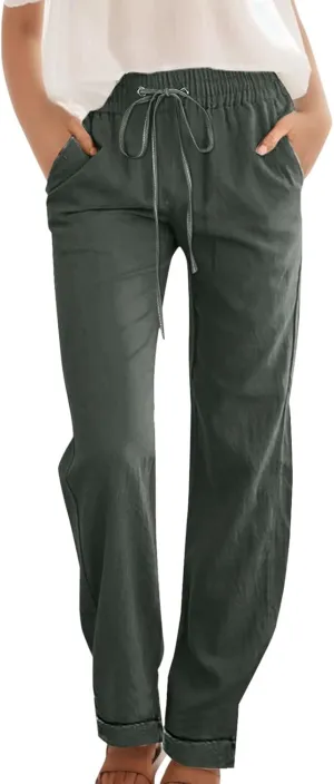 Womens Cotton Linen Summer Split Flowy Pants Elastic Waisted Long Lounge Plus Size Palazzo Lounge Pants Travel