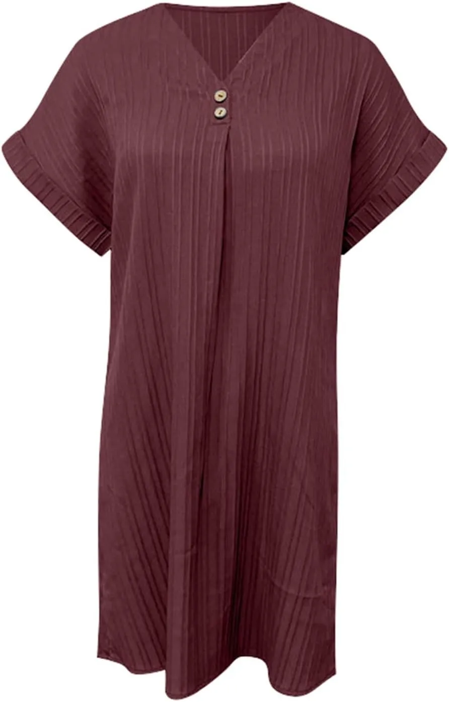 Womens Cotton Shirt Dress 2025 Summer Casual Cap Sleeve Button V Neck Shift Dress Beach Cover Up Shirts with Pockets