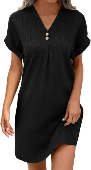 Womens Cotton Shirt Dress Summer Casual Short Sleeve Button Down Beach Cover Up Shirts Tunic Dresses with Pockets